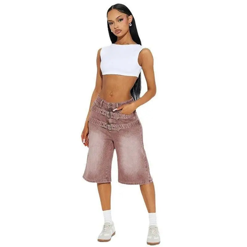 Light Green Jeans Double Belt Adjustable Buckle Shorts