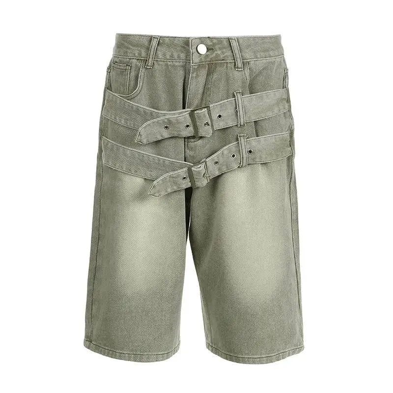 Light Green Jeans Double Belt Adjustable Buckle Shorts
