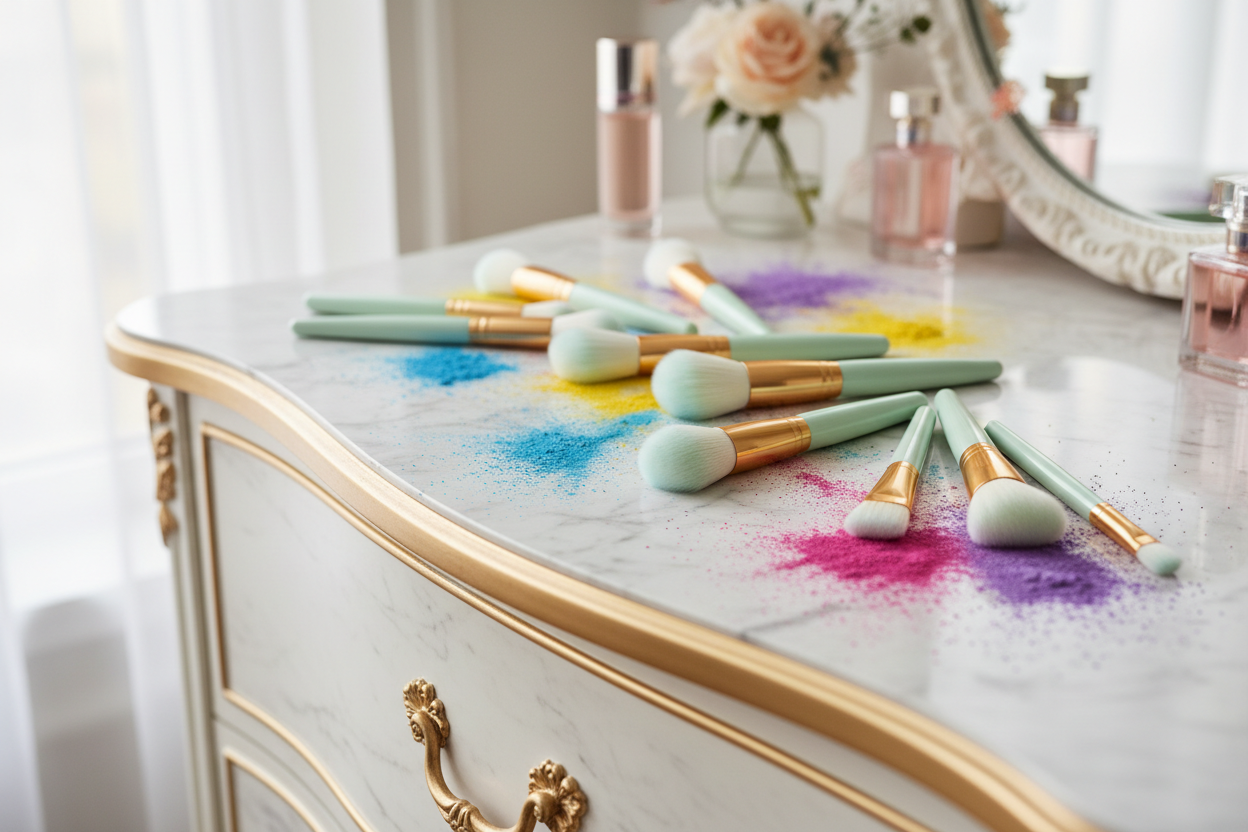 light green makeup brushes with makeup powder spilled on a dresser. Cool Advertisement image that attracts the viewer