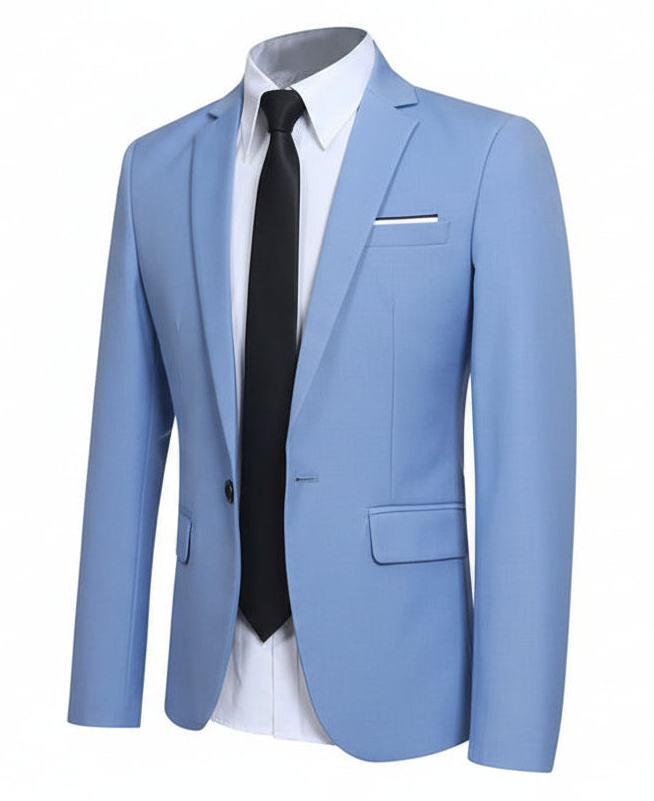 light blue blazer with a black tie and white shirt on a white background