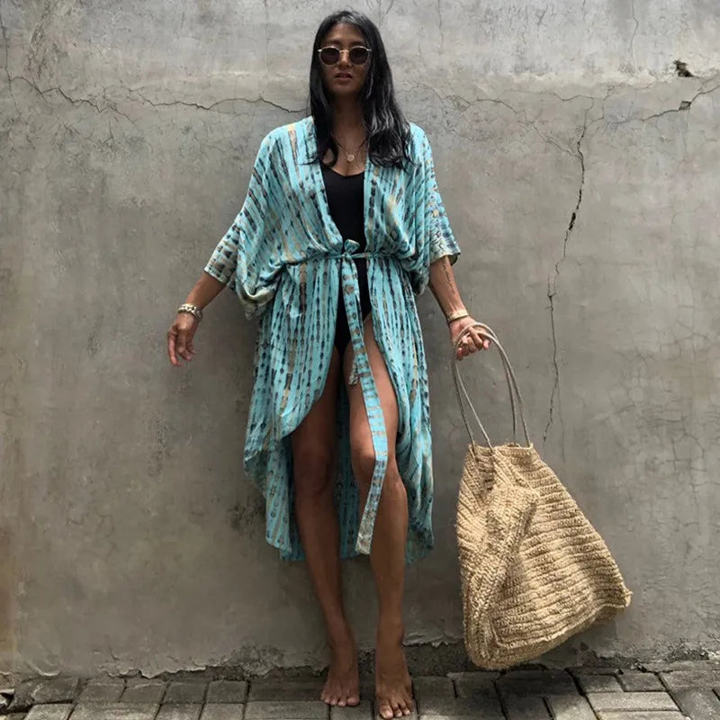 light blue turquoise green black brown Monaco Poolside Kimono Cover-Up