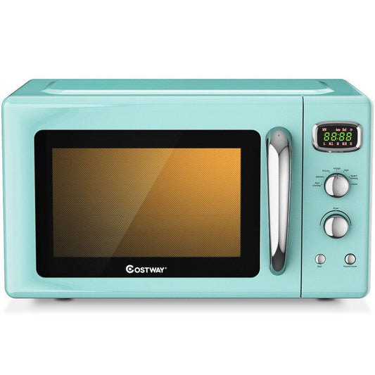 Turquoise microwave oven with digital display on a white background