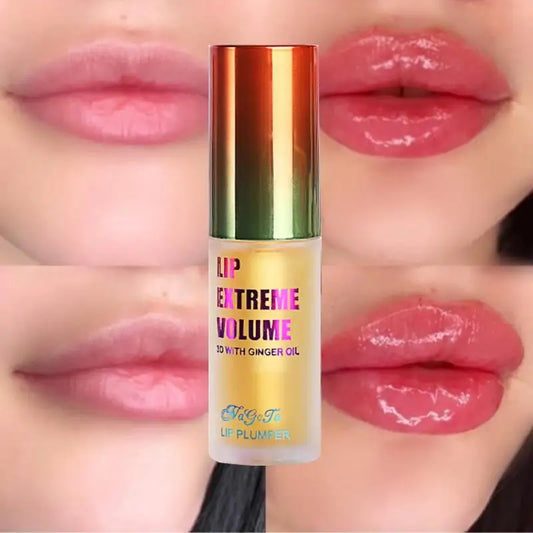Lip plumper bottle with pink lips in the background. LIP EXTREME VOLUME 3D with Ginger Oil - Irresistible Lips