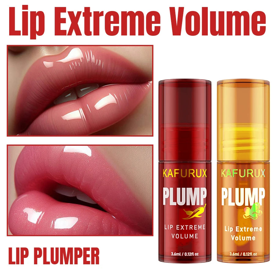 KAFURUX PLUMP lip plumper with close-up shots of lips and product packaging.