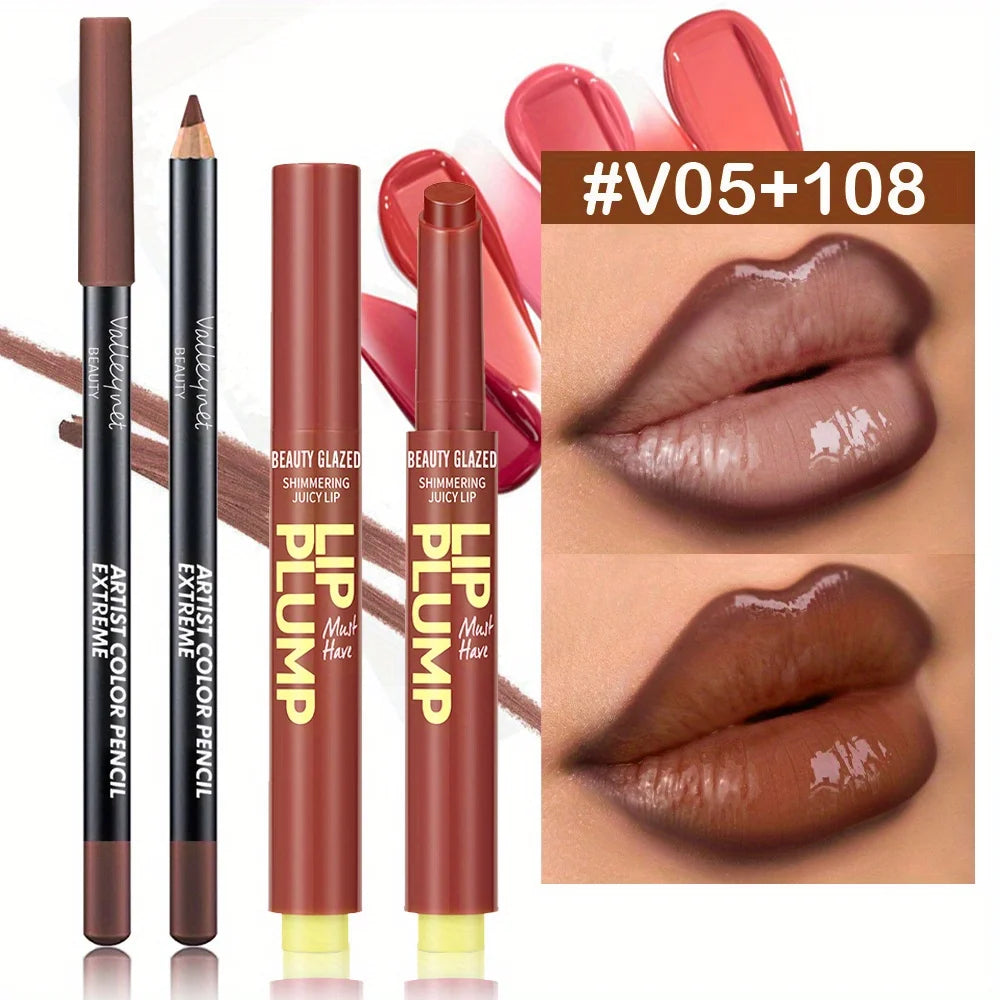 Lip makeup products including lip plump and color pencil with close-up of lips wearing the product.