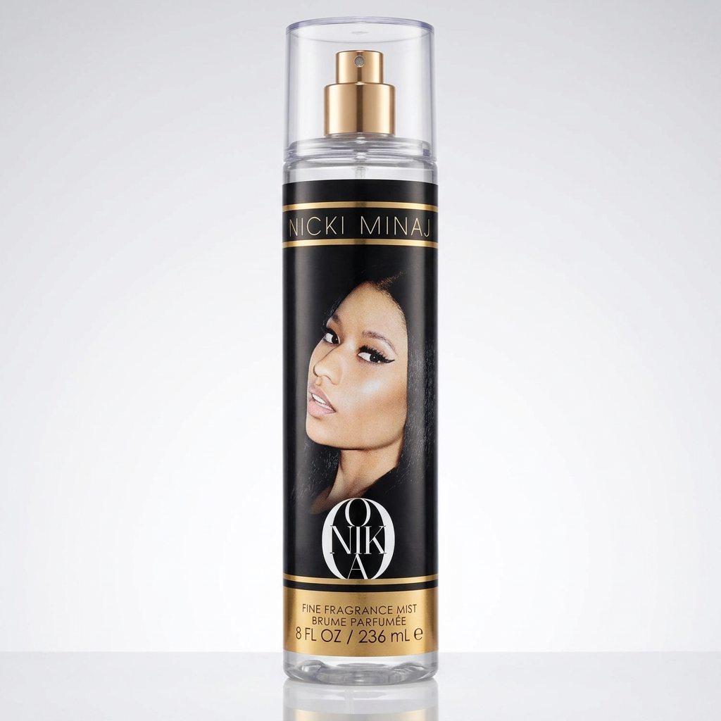 Nicki Minaj 'OM' Fine Fragrance Mist in a clear cylindrical bottle with a black label, gold accents, and a gold spray nozzle, set against a light gray gradient background. Nicki Minaj Onika Fruity Floral Body Mist Spray for Women
