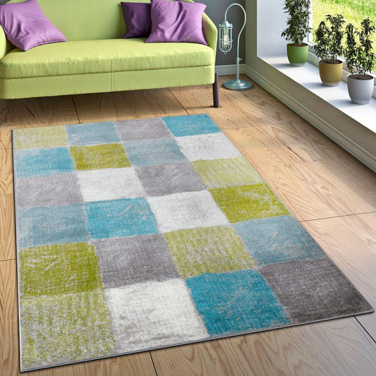 Living Room Rug Designer Striking Colour Combination Check Turquoise Green Grey-0