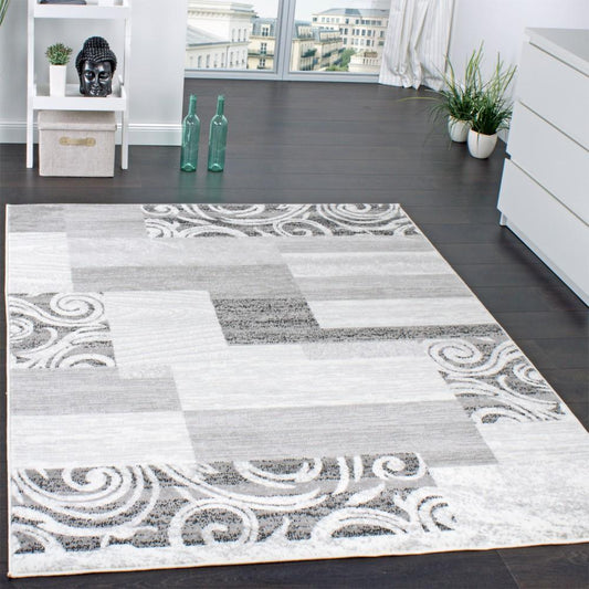 Living Room Rug Low-Pile in Grey White Cream-0