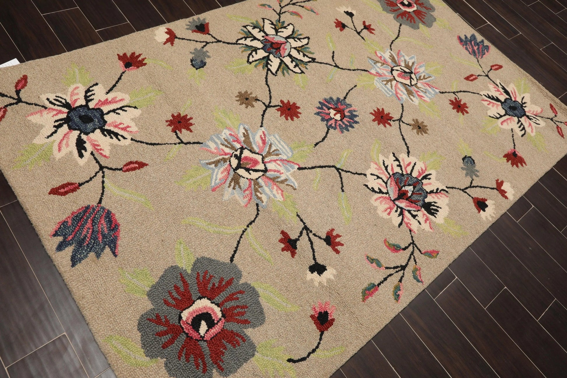 5' x 8' Handmade Wool Loop Pile Floral Traditional Oriental Area Rug Taupe-3
