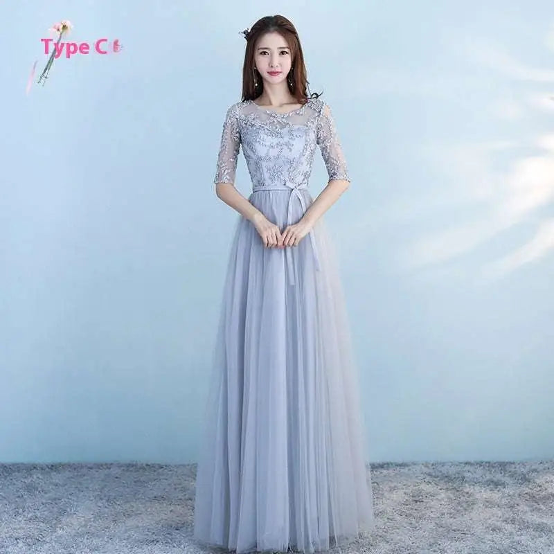 Long Bridesmaid Blue Lace and Tulle Dress with Sleeves