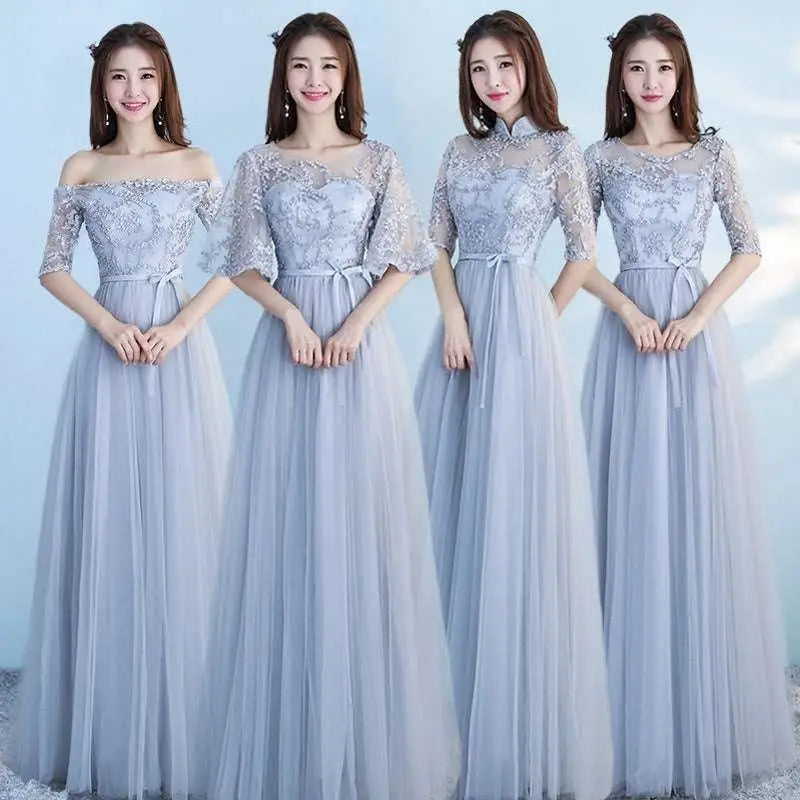 Long Bridesmaid Blue Lace and Tulle Dress with Sleeves