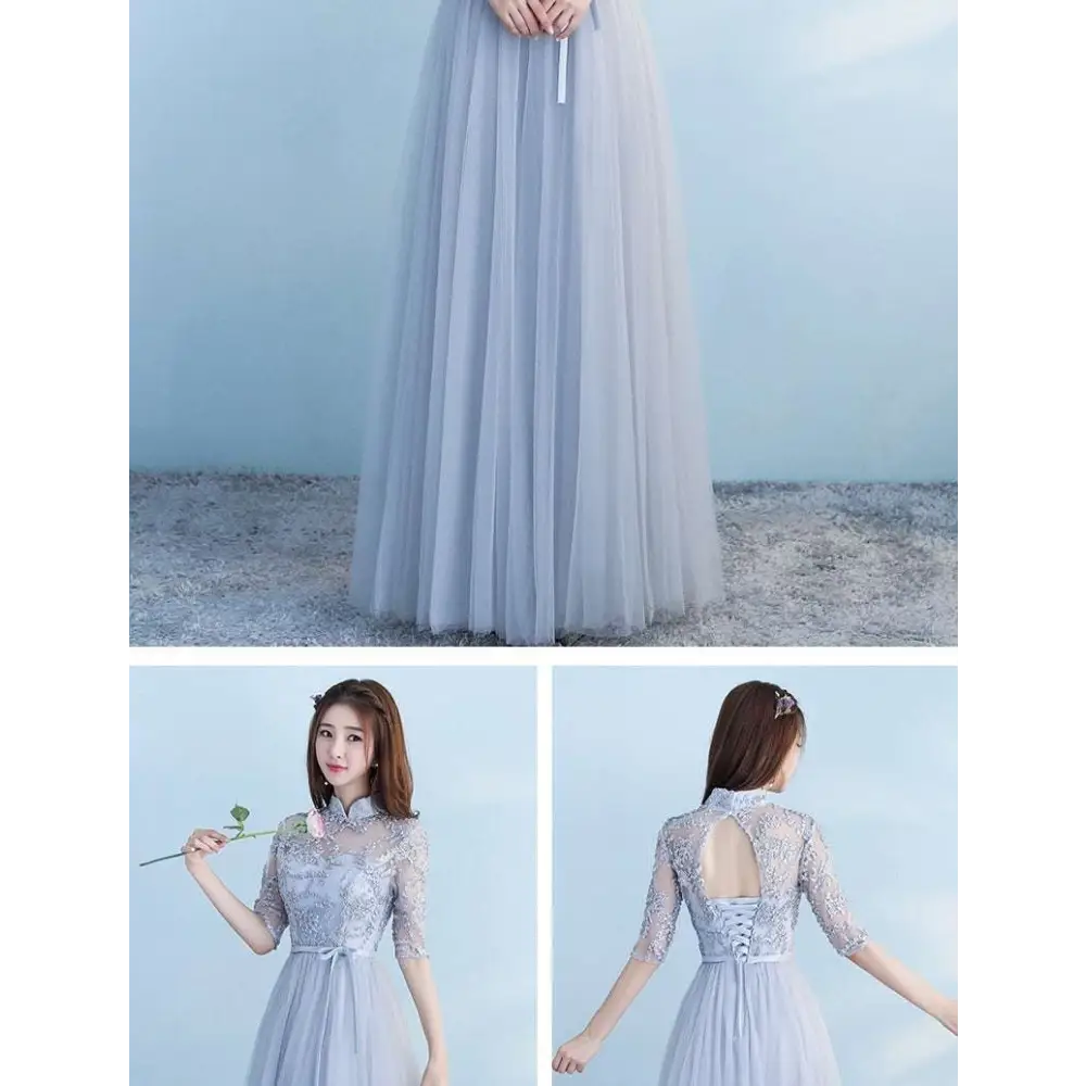 Long Bridesmaid Blue Lace and Tulle Dress with Sleeves
