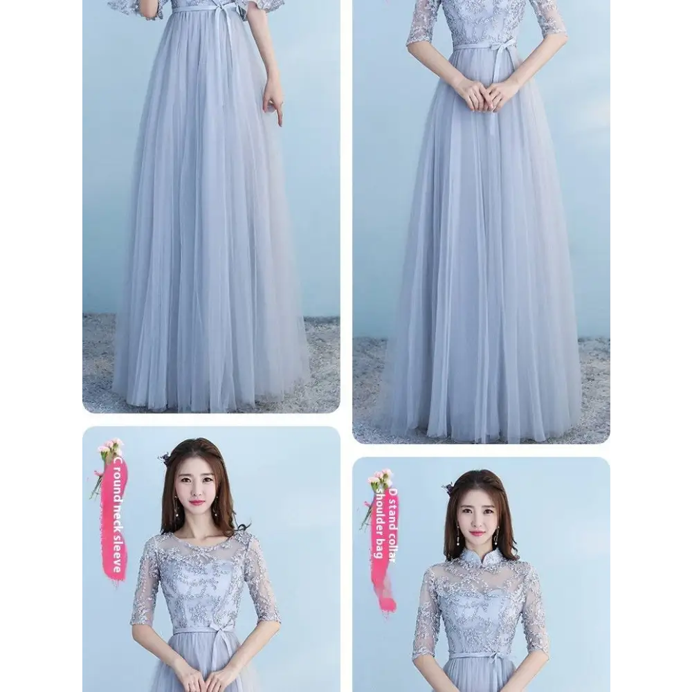 Long Bridesmaid Blue Lace and Tulle Dress with Sleeves