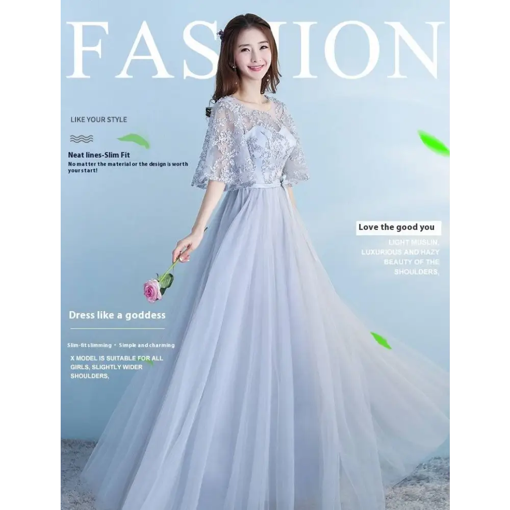 Long Bridesmaid Blue Lace and Tulle Dress with Sleeves