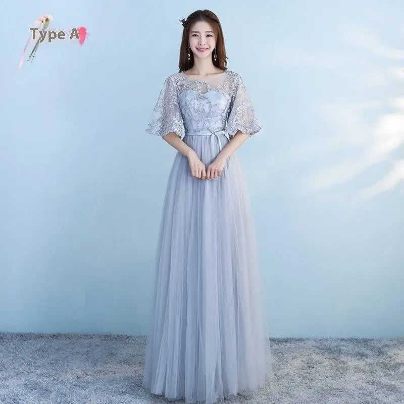 Long Bridesmaid Blue Lace and Tulle Dress with Sleeves
