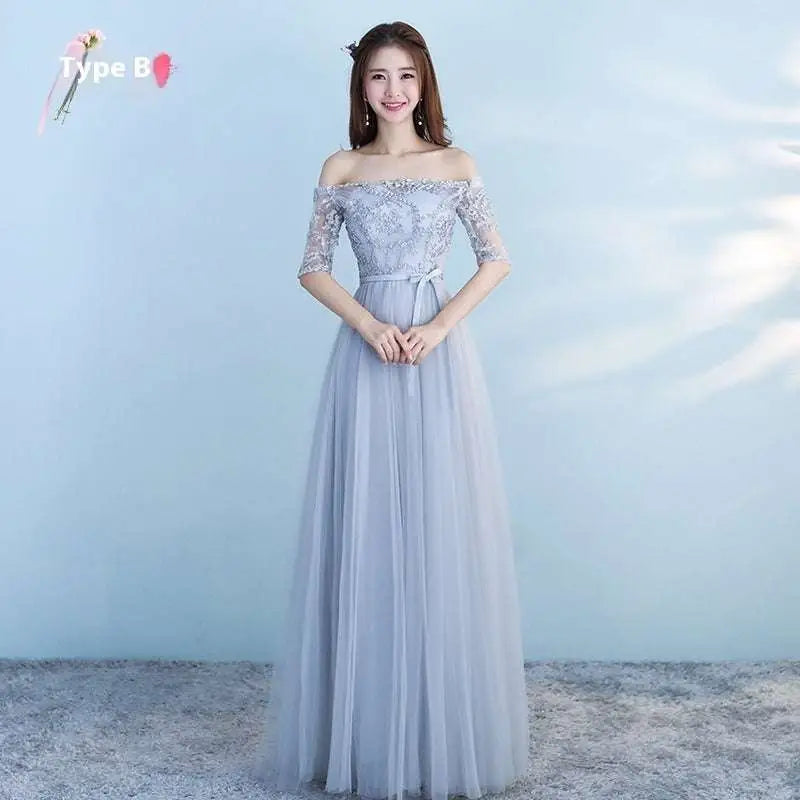 Long Bridesmaid Blue Lace and Tulle Dress with Sleeves