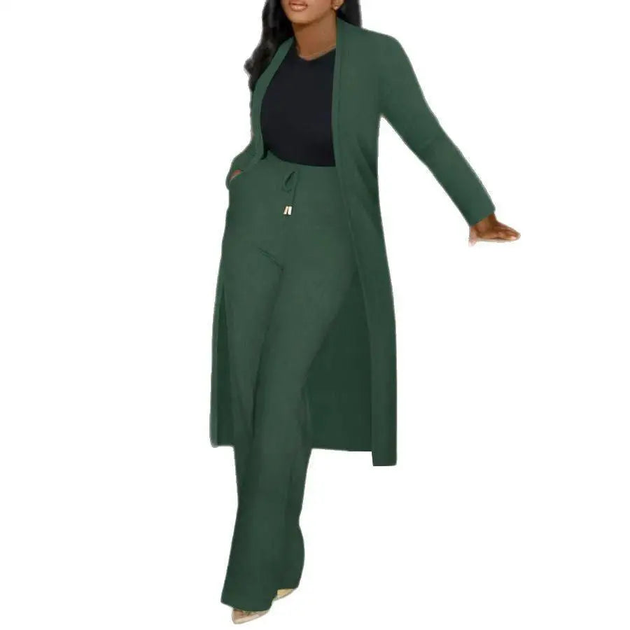 Long Cardigan Sunken Stripe Wide Leg Pants Set