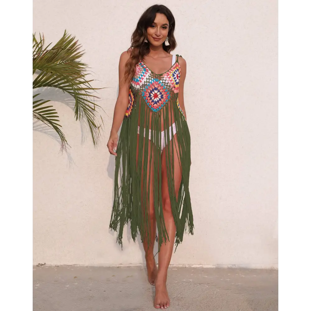 Long Fringed Panel Beach Blouse Crochet Dress