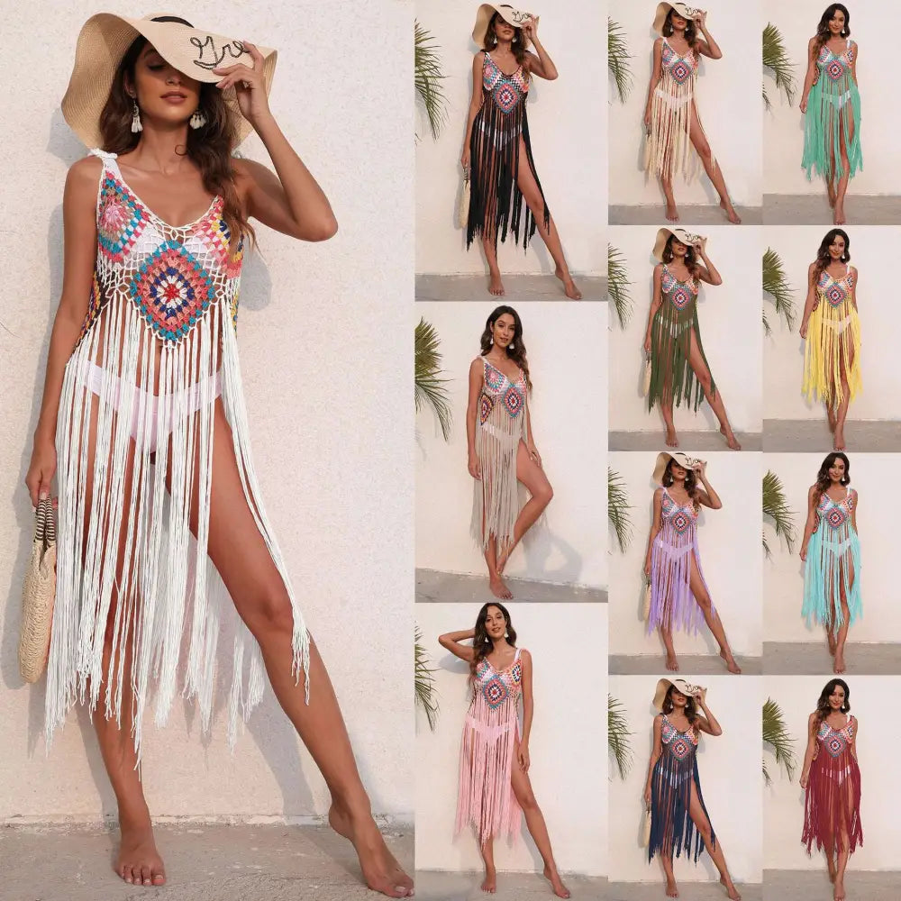 Long Fringed Panel Beach Blouse Crochet Dress