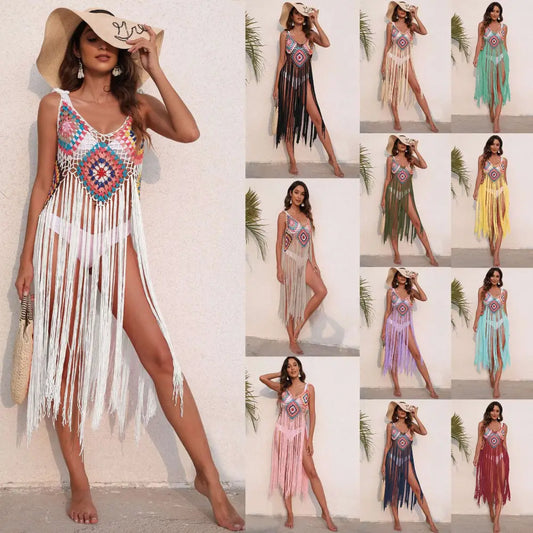 Long Fringed Panel Beach Blouse Crochet Dress