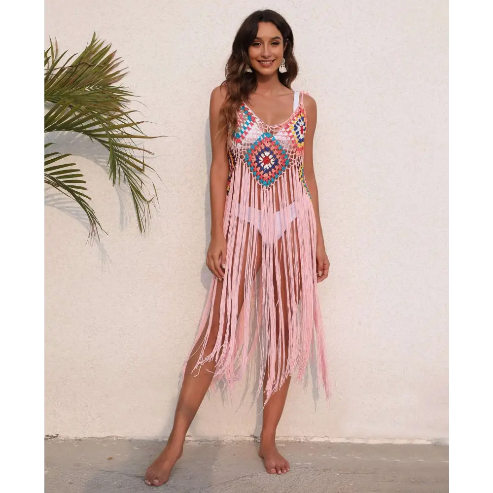 Long Fringed Panel Beach Blouse Crochet Dress