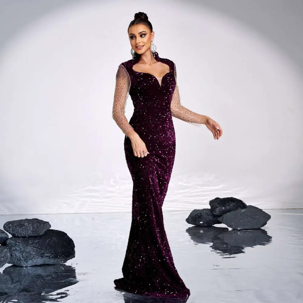 Long Sleeve Banquet Sequined Rhinestone Fishtail Dress