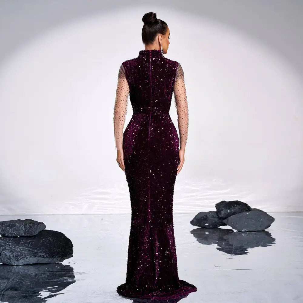Long Sleeve Banquet Sequined Rhinestone Fishtail Dress