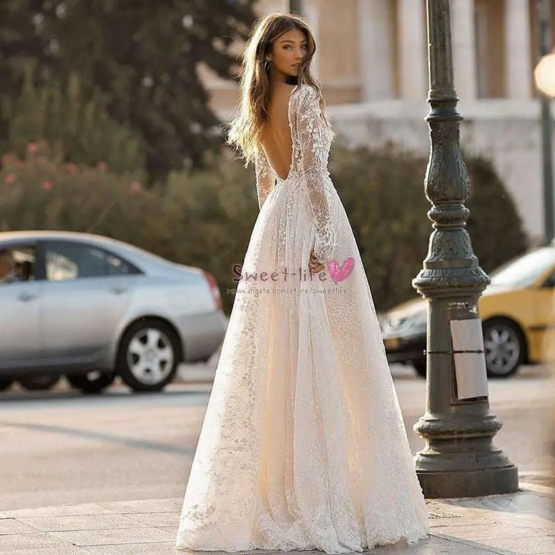 Long Sleeve Wedding Dress Lace V Neck Gown
