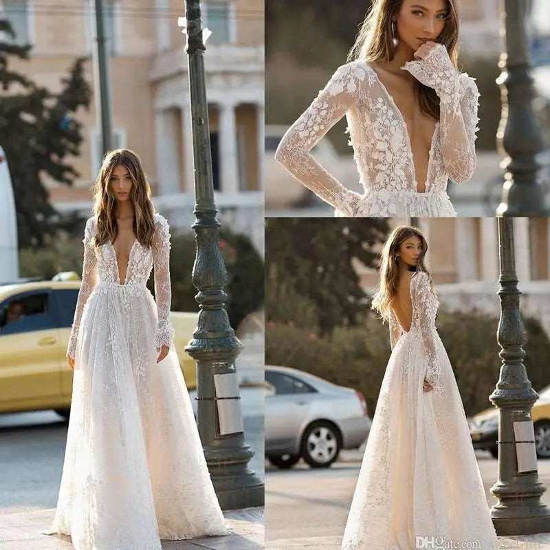 Long Sleeve Wedding Dress Lace V Neck Gown