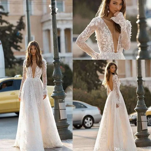 Long Sleeve Wedding Dress Lace V Neck Gown