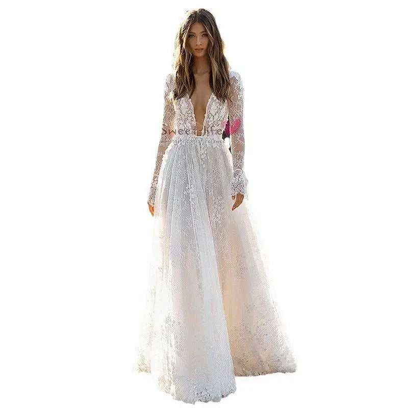 Long Sleeve Wedding Dress Lace V Neck Gown