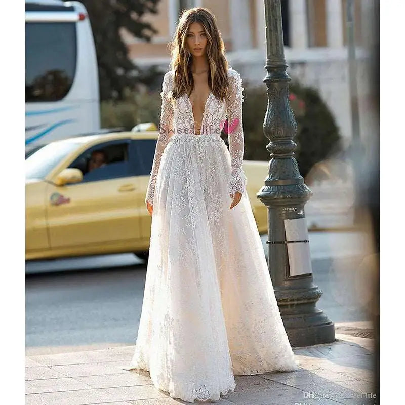 Long Sleeve Wedding Dress Lace V Neck Gown