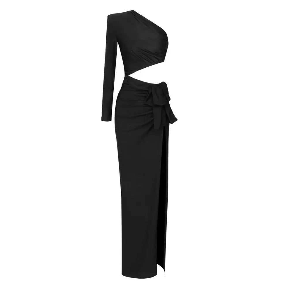 Long Sleeved Hollow Slit Elastic Shoulder Dress