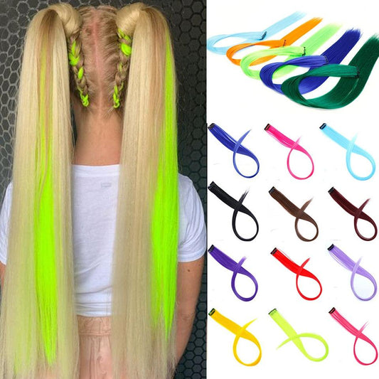 Long Straight Rainbow Highlight Colored Hair Extensions Clip In Fake Hair Synthetic Hair Pieces Party Highlights Colored Clip in Hair Extensions for Women Girls Kids Gift