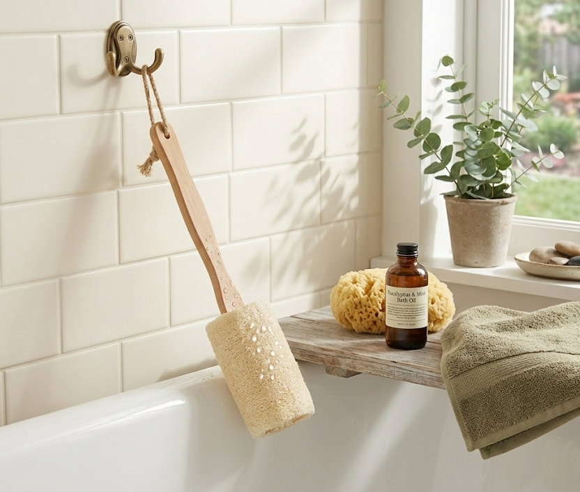 Natural Loofah Bath Brush w/Long Handle.-1
