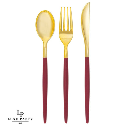 Red  Cranberry Gold Plastic Cutlery Set | 32 Pieces