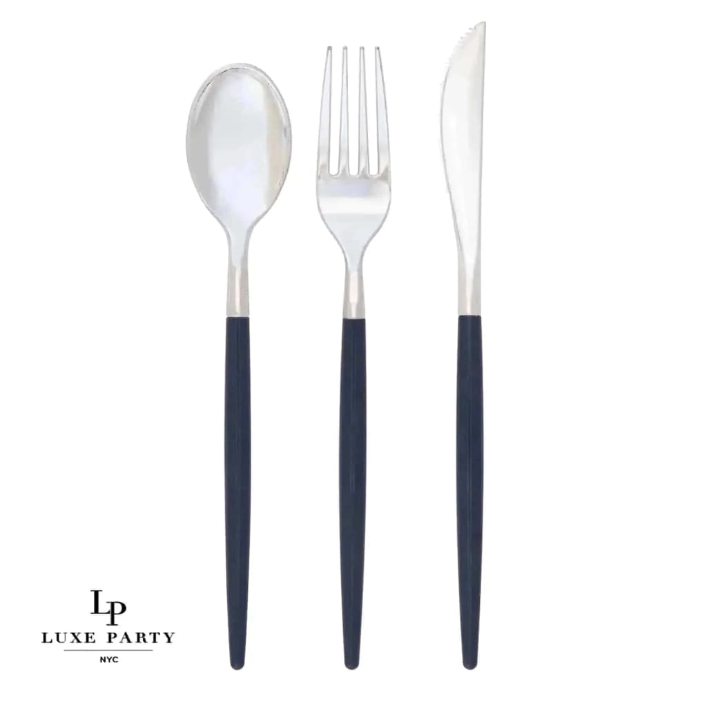 Navy • Silver Plastic Cutlery Set | 32 Pieces