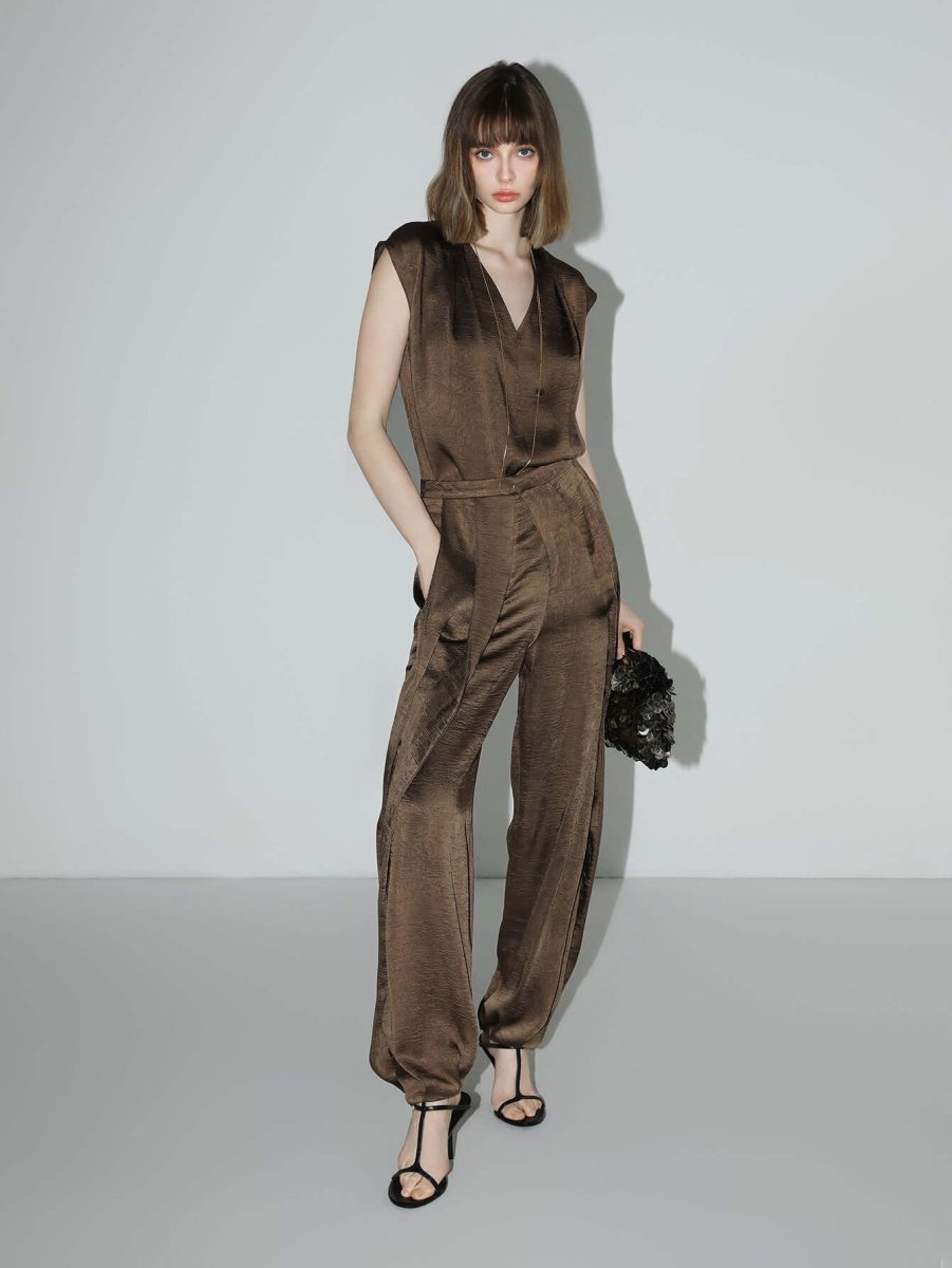 Luxurious Brown Satin Sleeveless V-Neck Top-0