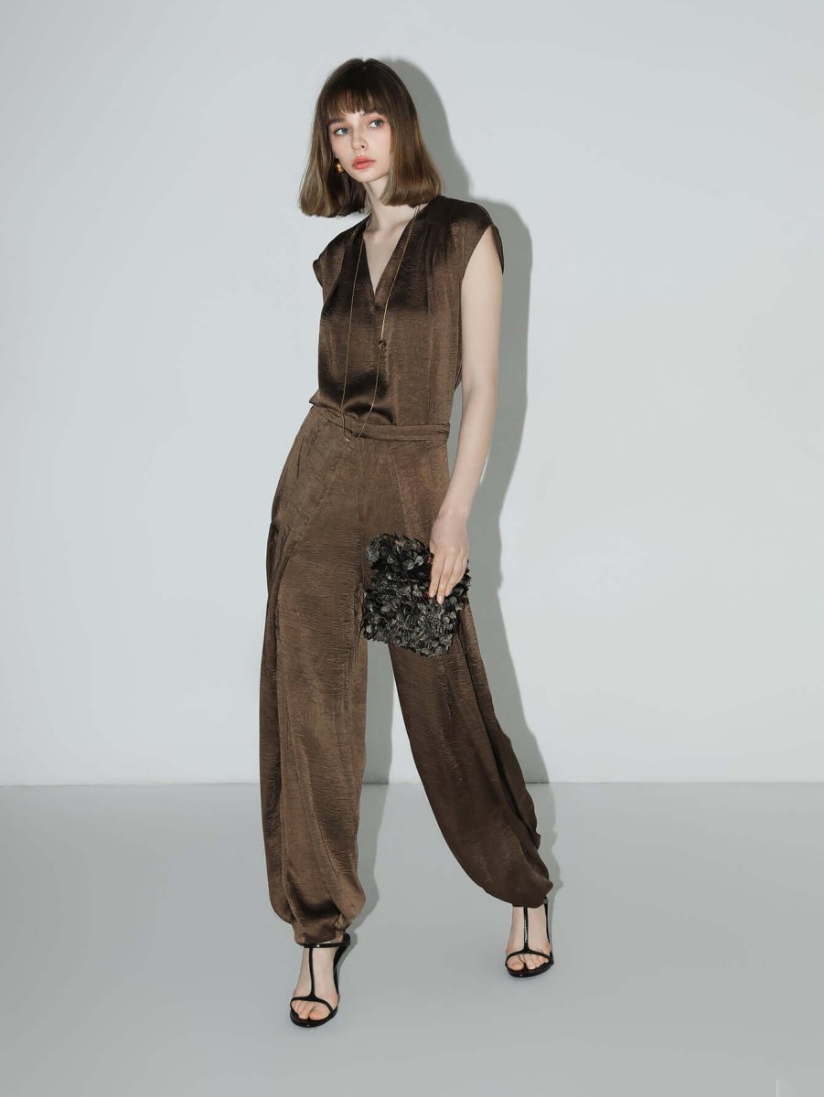 Luxurious Brown Satin Sleeveless V-Neck Top-2