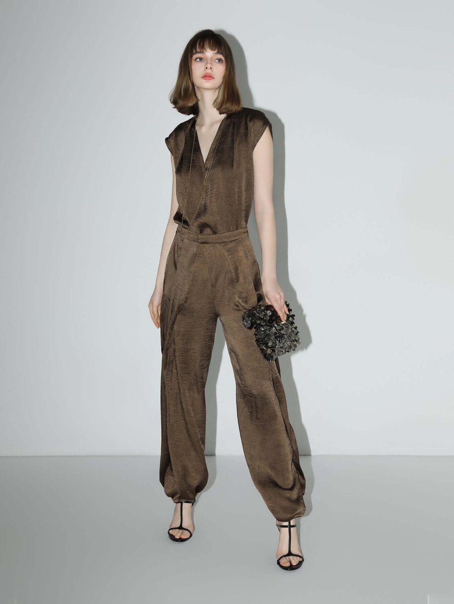 Luxurious Brown Satin Sleeveless V-Neck Top-1