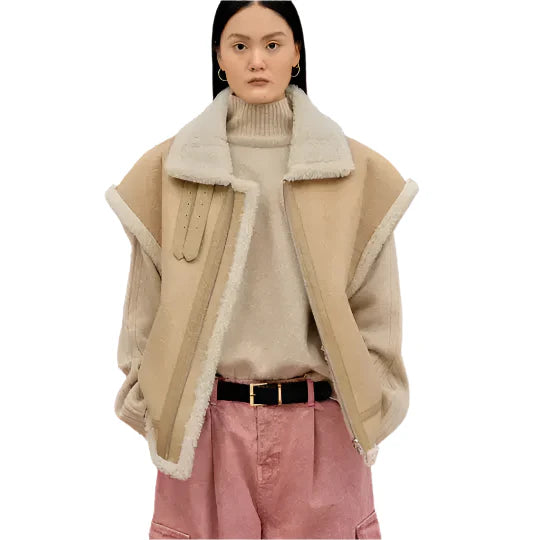 Camel Shearling Leather Vest-0
