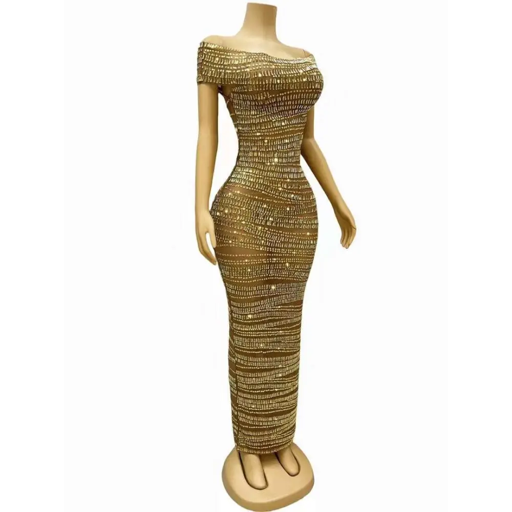 Luxury Shiny Rhinestone Dress Gold Beaded Bodycon