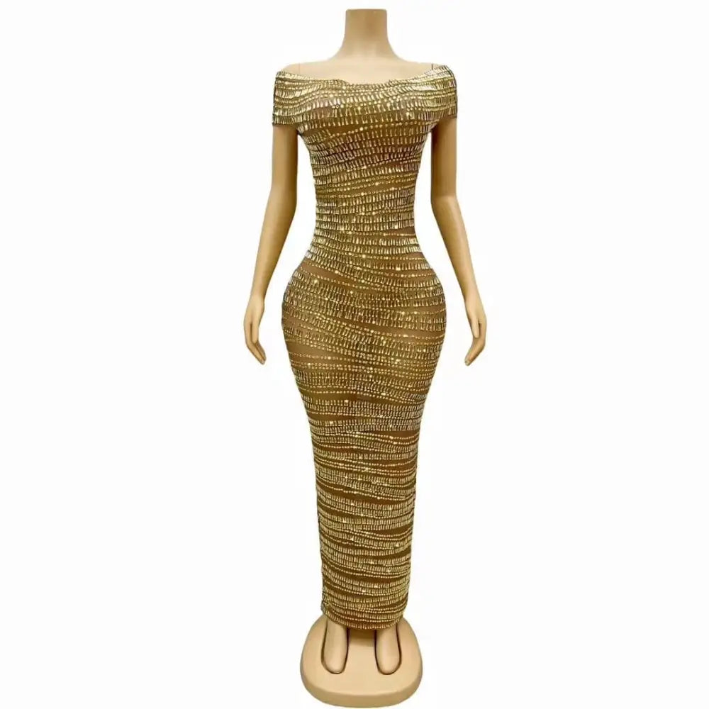 Luxury Shiny Rhinestone Dress Gold Beaded Bodycon