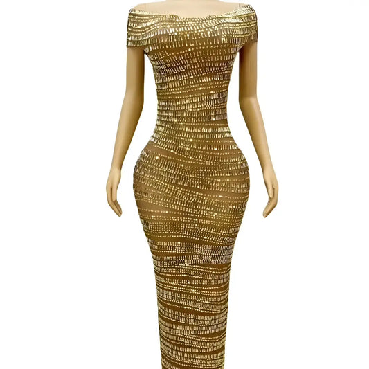 Luxury Shiny Rhinestone Dress Gold Beaded Bodycon