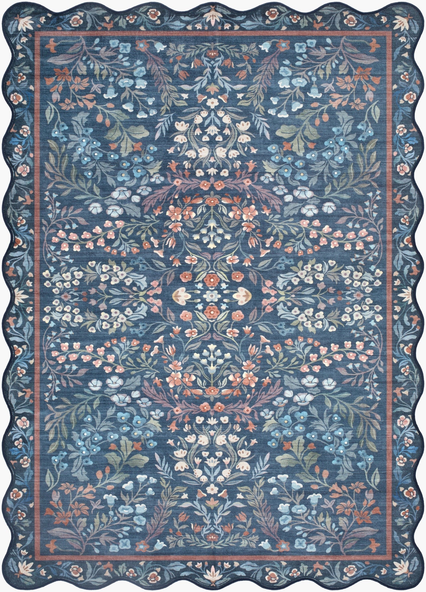 Pepo Blue Floralnature  Machine Woven Polyester Washable Area Rug-0