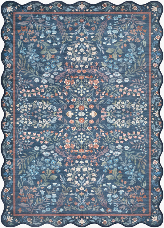 Pepo Blue Floralnature  Machine Woven Polyester Washable Area Rug-0
