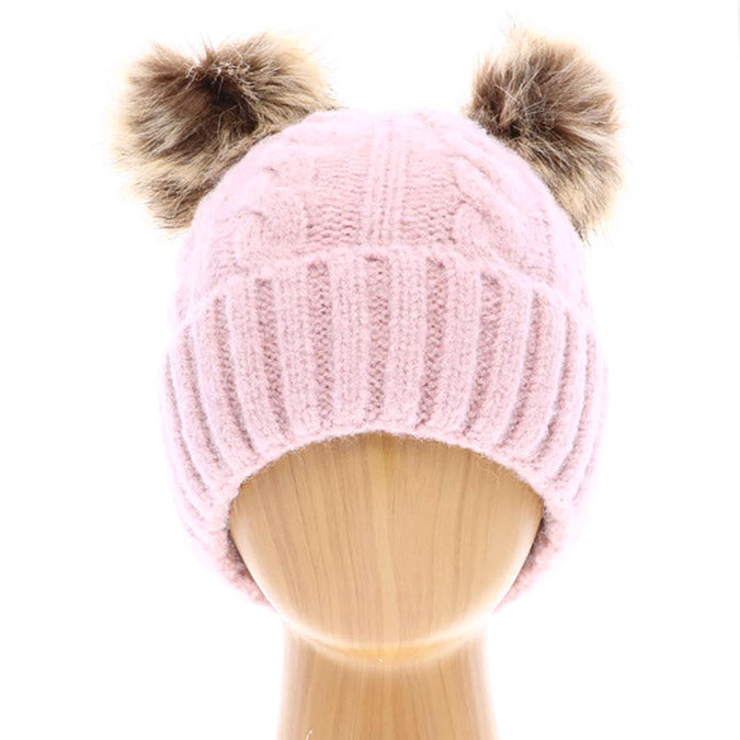 Macie Soft Cable Knit Double Faux Fur Pom Pom Beanie Hat Warm Knit Winter Hat