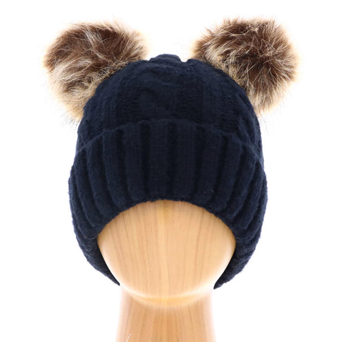 Macie Soft Cable Knit Double Faux Fur Pom Pom Beanie Hat Warm Knit Winter Hat
