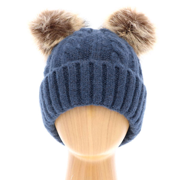 Macie Soft Cable Knit Double Faux Fur Pom Pom Beanie Hat Warm Knit Winter Hat