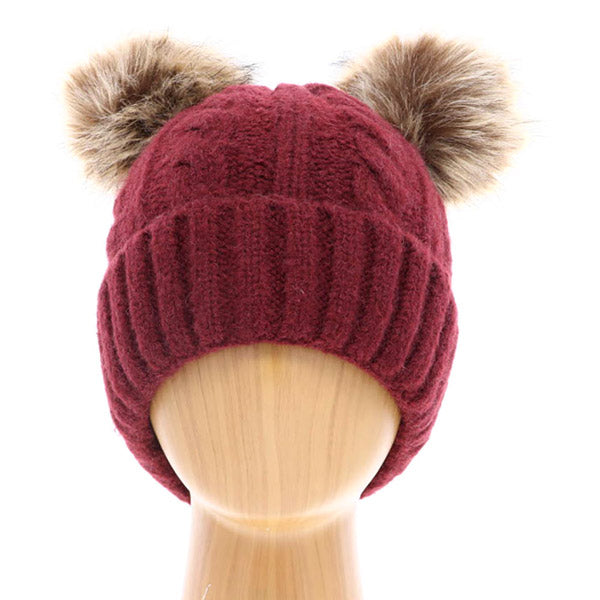Macie Soft Cable Knit Double Faux Fur Pom Pom Beanie Hat Warm Knit Winter Hat